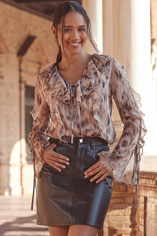 We consider it a wardrobe staple
Crafted from butter-soft leather for ultimate luxury
Cut for a flattering A-line fit
Work, weekend, night out - it's got you covered
Effortless chic with a striped knit and boots
Dress it up with strappy heels and a glam top