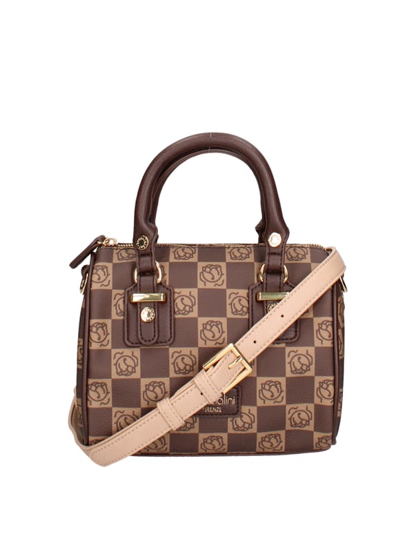 Handtasche mit Doppelgriff und Reißverschluss. Metalldetails und Nieten, um die Griffanhänge hervorzuheben. Frontpatch mit Schreiben. Orangenschale im Monogrammdruck mit Ton-auf-Ton-synthetischer Finish. Verstellbarer und abnehmbarer Schultergurt.