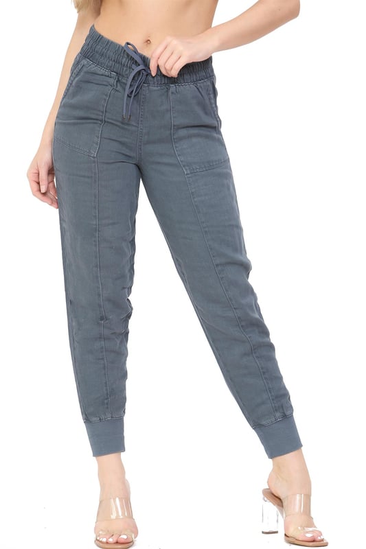 EX M S Womens Linen Cuffed Trousers Airforce Blue
