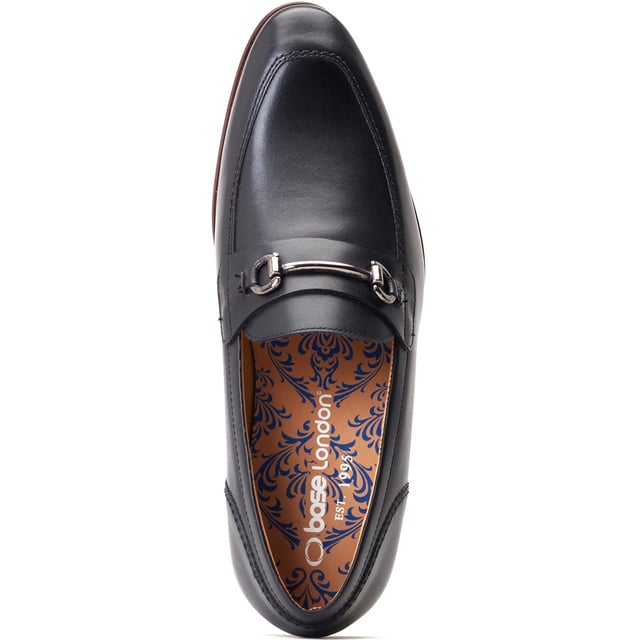 Base London Russo Leather Men's Black Loafers A refined addition to any man's footlocker, the Russo buckle loafer oozes sophistication. Genuine leather uppers, cushioned Ortholite insole and a polished horsebit buckle make Russo a no-brainer for the season.