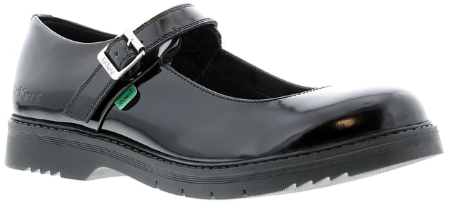 Womens Kickers Finley Patent Shoes in black.- Premium leather upper.- Buckle fastening closure. - Sole designed to be durable and long-lasting. - Sleek patent finish.- Iconic coloured tabs. - Comfortable padded collar.- Leather upper  Textile lining  Synthetic sole. - Ref: 116233