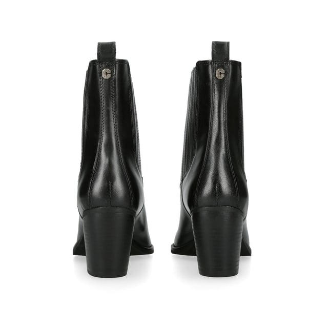 The Carvela Rodeo is a cowboy style boot featuring a black leather upper with elasticated ankle for comfort when slipping on. The nail of the ankle features a small pull tab and Icon C stud. Heel height: 70mm