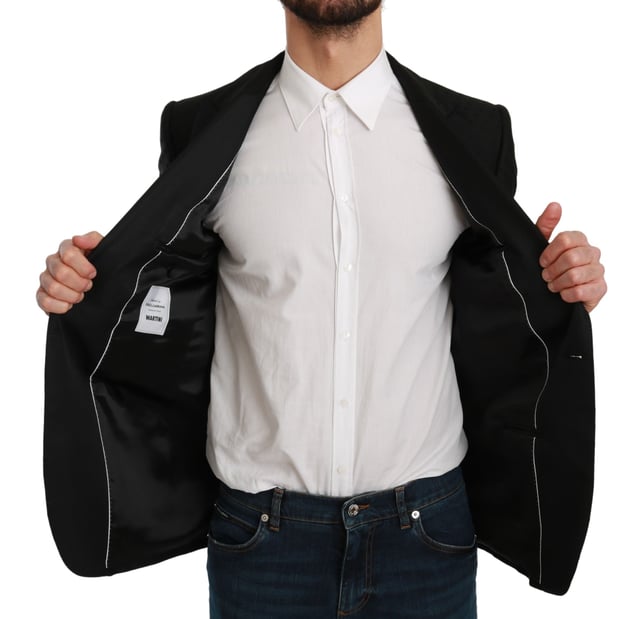 Color: Black polka dotted pattern
  Model: Single breasted one piece formal jacket blazer coat
  Material: 50% Virgin Wool 50% Rayon
  Inner Lining: 100% Silk
  Fit: Slim Fit
  One front button closure
  Three front pockets
  Three inside pockets
  Logo details
  Made in Italy
Material: 50% Virgin Wool 50% Rayon