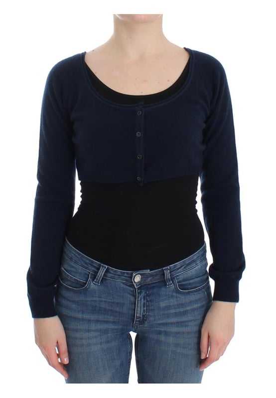 Suéter corto de cachemir y lana azul de lencería 100% auténtica de Ermanno Scervino  
Hecho en Italia  
Cierre de botón  
Detalles de logo  
Material: 70% lana 30% cachemir  
Color: azul  
Modelo: suéter corto