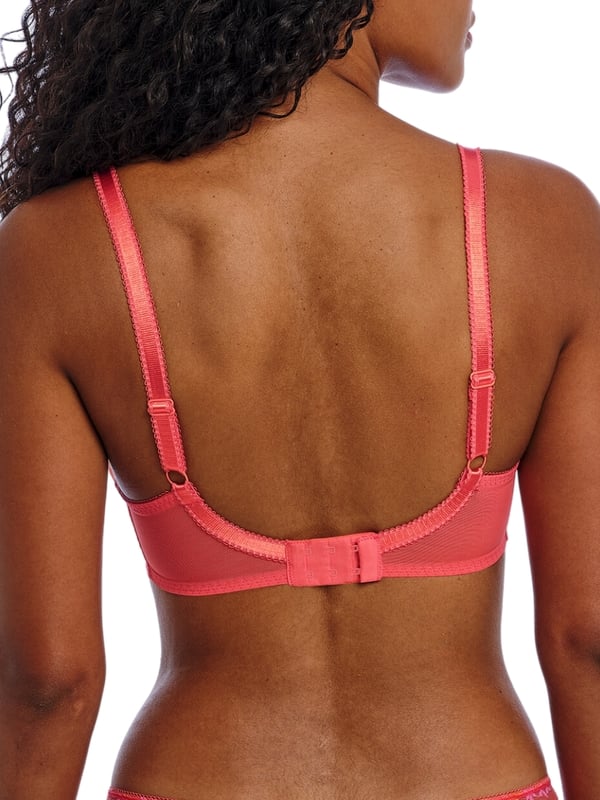 Freya Sydnie High Apex Plunge Bra. Underwired non padded plunge bra with high apex sheer floral lace overlay, low plunge neckline and fully adjustable straps. Product is recommended as hand-wash only.