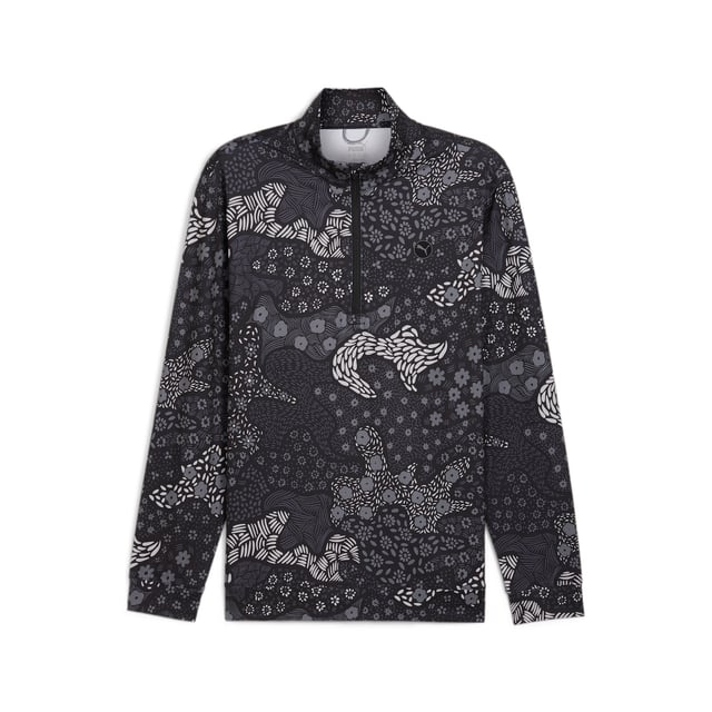 PRODUCT STORY: Strike the perfect balance of sport and style on the course. This performance-cut quarter-zip lets you move freely while hitting the fairway, and its camo print hides any stray grass stains. When the 18th hole arrives, you'll stay comfortable yet make a bold statement in the clubhouse. FEATURES & BENEFITS: CLOUDSPUN: Custom-milled performance poly/spandex blend, this fabric meets the highest performance standards while still feeling like an ultra soft cotton; Made with at least 70% recycled materials. DETAILS: Performance Fit; 200 gsm, single jersey; Collar; Long sleeves; PUMA branding details; Half zip.