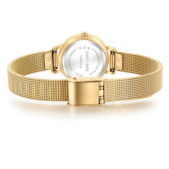 GENERAL INFORMATION:  • Targetgroup: Female  • Wristwatch: No Special Functions  • Display: analogue  • Weight of watch w/o box (gr.) - approx.: 24,0  MOVEMENT:  • Movement: Quartz  • Term of Movement: VC10  • Origin of movement: Japan  BRACELET:  • Material of bracelet/strap: Stainless steel  • Plating of bracelet/strap: Ion-Plating (IP)  • Finishing of bracelet/strap: Smooth  • Finishing/Decoration of bracelet/strap: None  • Clasp/Closure/Buckle: Slide Clasp  • Color of bracelet/strap: Yellowgold  • Length of bracelet/strap (mm) approx.: 190,0  • Width of bracelet/strap (mm) approx.: 9,5  • Style/Design of bracelet/strap: Mesh band (Millanaise Style)  • Bracelet/strap adjustable?: No  CASE:  • Shape of case: Round  • Size/Diameter of case in mm . approx.: 24,0  • Height of case in mm: 7,6  • Case material: Metal (Alloy)  • Surface of case: Polished  • Bezel/Topring: Fixed  • Finishing/Decoration of case: None  • Material of case back: Stainless steel  • Lock of case back: No screwed-in crown  • Color of case: Yellowgold  • Coating/Plating (Case): Ion-Plating (IP)  • Type/Form of crystal: Flat  • Material of crystal: Mineral crystal  • Water resistant (ATM): 3  DIAL:  • Size jewelry care cloth: Hour, Minute  • Indices: Line indices  • Material of dial: Brass  • Structure/pattern of dial: Flat  • Color of dial: White  PUSHER, CROWN, HAND:  • Pusher: None  • Corrector: No  • Crown: No screwed-in crown  • Type of hands: Dauphine hands  • Luminescent (hands): No  PACKAGING & SCOPE OF DELIVERY:  • Box: Yes  • Service booklet: Yes  • Manual: Yes