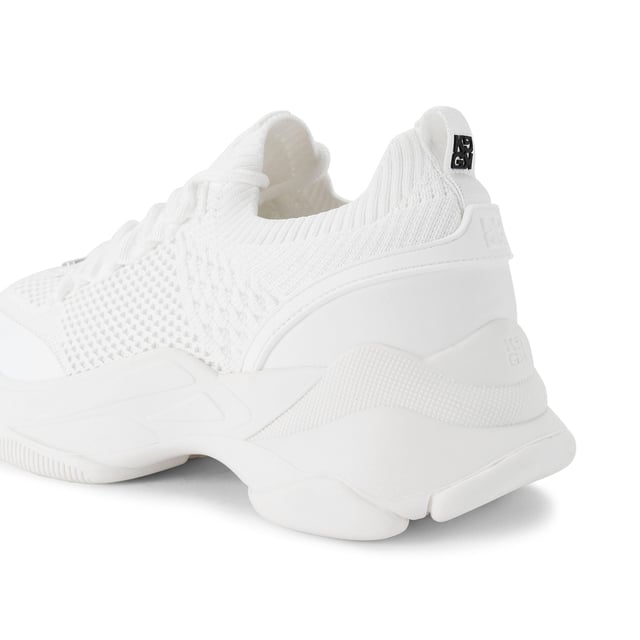 This KG Kurt Geiger Lively sneaker features a white knitted upper with lace up front. There is silver branding across the upper and the sole is extra chunky.