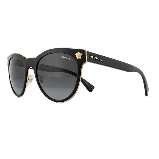 Versace Sunglasses VE2198 1002T3 Black Grey are a chunky cat-eye style crafted from acetate. The outer edge of the frame front is trimmed with metal to match the Medusa head logos found at each corner and the Versace text logo on each temple. Adjustable nose pads guarantee a customised fit for comfort.