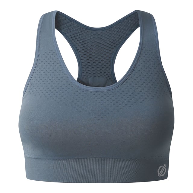 Material: Elastane, Nylon, Polyamide, Polyester. Fabric: Mesh, Q-Wic, Stretch. Design: Logo, Plain. Fabric Technology: Antibacterial, Moisture Wicking, Quick Dry, SeamSmart Technology. Medium Support, Removable Padded Cups, Seamless, Shaped Cups. Back Style: Racerback. Neckline: Scoop. XS: 27 in. S: 29 in. M: 31 in. L: 32 in. XL: 34 in.