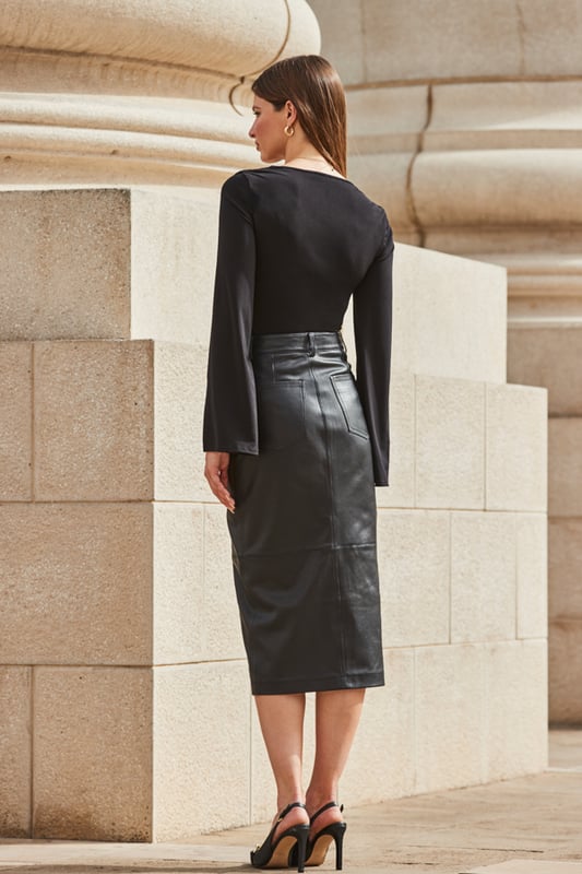 Black Leather Pencil Skirt With Split