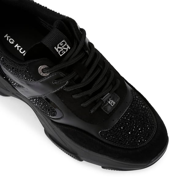 This KG Kurt Geiger Lucile Lace Up Gem sneaker is a chunky black style with crystal embellishment across the upper. The branding details are in a chic gunmetal and the exaggerated sole is in black rubber.