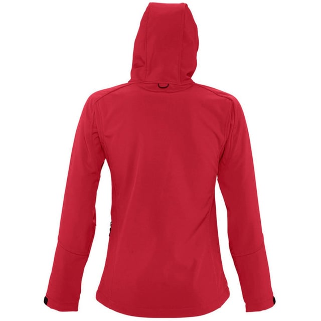 Breathable, windproof and water resistant. Shaped fit. Taped neckline. Hood with adjustable drawcord. Collar high full zip with inner storm flap and chin guard. Two front zip pockets and one right chest zip pocket. Tear release adjustable cuffs. Adjustable drawcord at hem. Drop tail. Access for decoration. Material: Stretch soft shell fabric has a 94% polyester/6% elastane outer, membrane and polyester fleece backing. Ladies size: S(8/10), M(12), L(14), XL(16), XXL(18).
