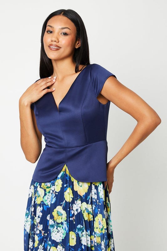 Printed Pleated Skirt Overlay Bodice Midi Dress