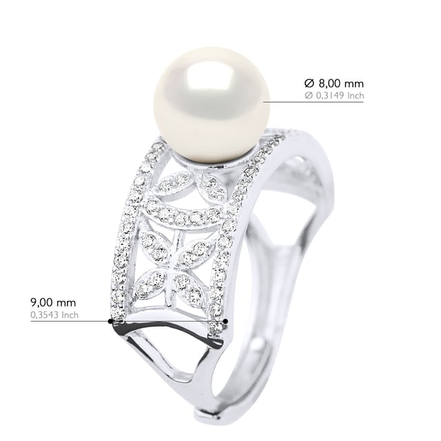 Ringsmycke - Äkta odlad sötvattenspärla rund 8-9 mm - Smycke Paving Cubic Zirconia Silver 925 Rhodiumpläterad - FÄRG NATURLIG VIT - Storlek justerbar från storlek 48 till storlek 62 - Levereras i ask och med sitt äkthetscertifikat och internationella garanti - MADE IN FRANCE