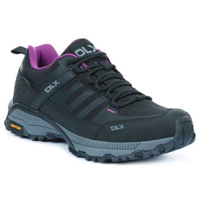 Upper: Softshell. Lining: Contrast. Outsole: Vibram. Fabric Technology: Breathable, DLX, Lightweight, Waterproof Membrane. Gusseted Tongue, Moulded Footbed, Mud Guard, Padded Collar, Padded Tongue, Pull Tab. Low Heel. Cut: Mid Cut. Design: Logo. Toe Style: Round. Fastening: Stretch Lace.