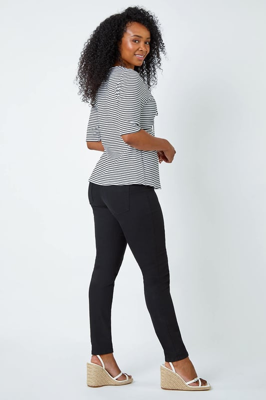 Petite Stripe Ruched V-Neck Stretch Top from Roman. Embody daytime glamour with this timeless Petite piece! Our newest addition to the Petite collection is this cutesy stripe top, it features a unique sweetheart neckline and playful 3/4 length sleeves that are sure to make a versatile staple ready for your Spring wardrobe. This Petite top has a timeless ribbed texture which accompanies the stripe print throughout as well as a tie detail at the bust that provides a sophisticated flare. Wear with shorts and sandals for a holiday-ready style.