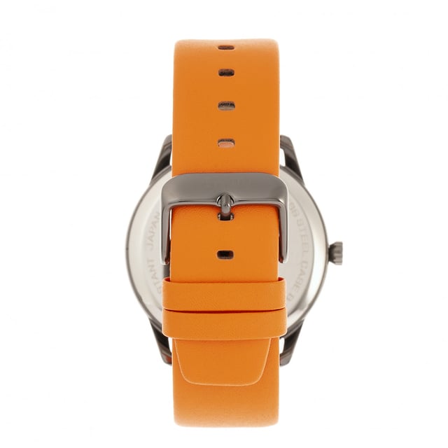 Polished Alloy Case; Precision Japanese Quartz Movement; Non-Glare Scratch-Resistant Mineral Crystal; Logo-Engraved Stainless Steel Caseback; Genuine Leather Strap; Logo-Engraved Stainless Steel Clasp; 41mm Case Diameter; 3ATM Water Resistance;