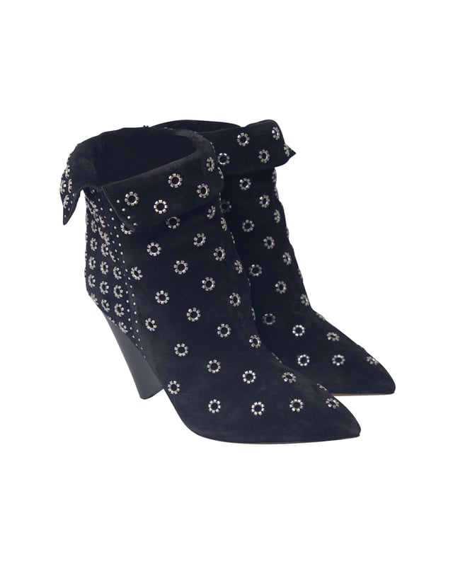 VINTAGE, RRP AS NEW
These black Isabel Marant Lakky 90 suede floral eyelet boots are all you need to make the perfect first impression, after all, according to a 1920 article published in Vogue: 'how expressive of character footwear is'. Crafted in Italy to exacting standards, these shoes have been fabricated from suede and feature a point toe, a silver-tone floral eyelet embellishment at the front, a rear circular eyelet embellishment, a fold-over top and a 90 mm wedge heel. 

Isabel Marant Lakky 90 Eyelet Boots in Black Suede
Color:   black
Size:  39
Material:   Suede
Condition: very good
Sign of wear: scuffed soles
SKU: 207279