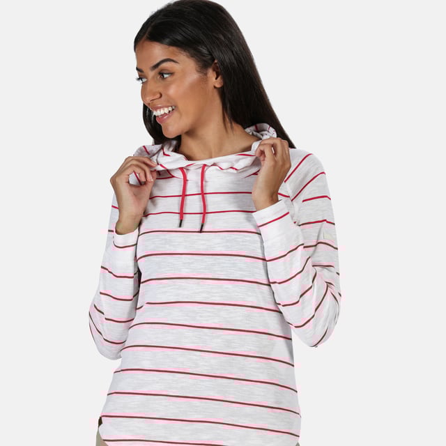 Material: 100% Polyester. Soft-wearing coolweave fabric hoodie with drawcord adjusters. Asymmetric button placket.