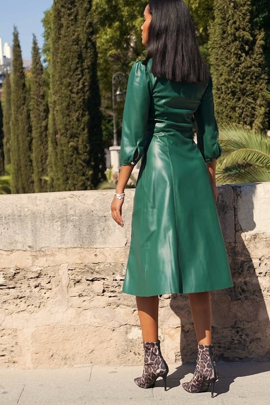 Emerald Green Zip Front Faux Leather Midi Dress