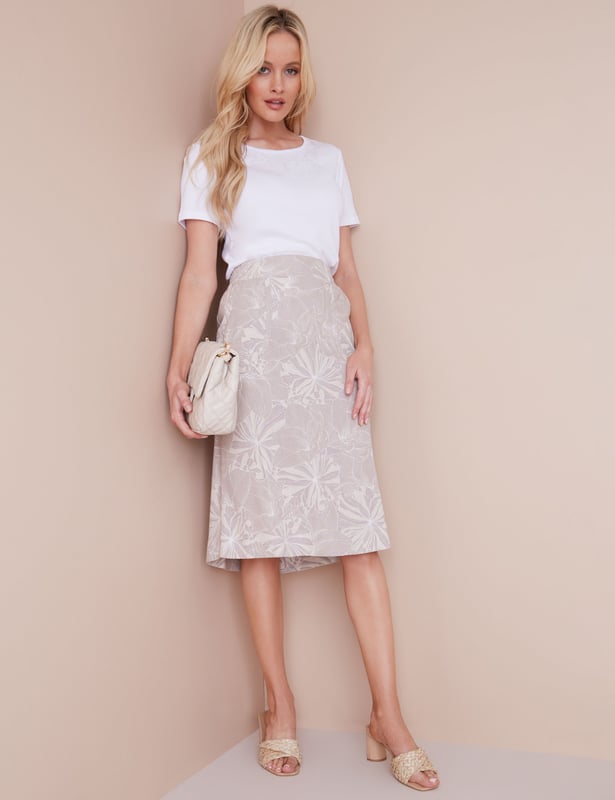 NONI B Womens Skirts Midi Summer Beige Floral Linen
