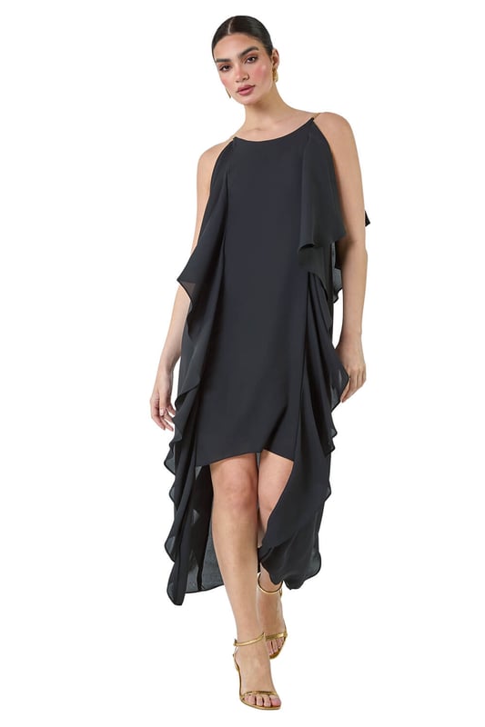 Plain Dipped Hem Ruffle Detail Midi Dress from Roman. Elevate your Summer wardrobe with this striking ruffle detail midi dress from the Ariella range. Featuring a elegant, cascading waterfall ruffle detail, this dress has a striking hi-low silhouette to add a touch of drama to your occasionwear. This sleeveless dress with a concealed back zip fastening is crafted from plain woven fabric and fully lined for maximum comfort. The metal trim on the shoulder straps provides a sophisticated edge. Whether you're attending a wedding or a formal dinner, style it with strappy heels and a clutch bag for event-ready glamour!