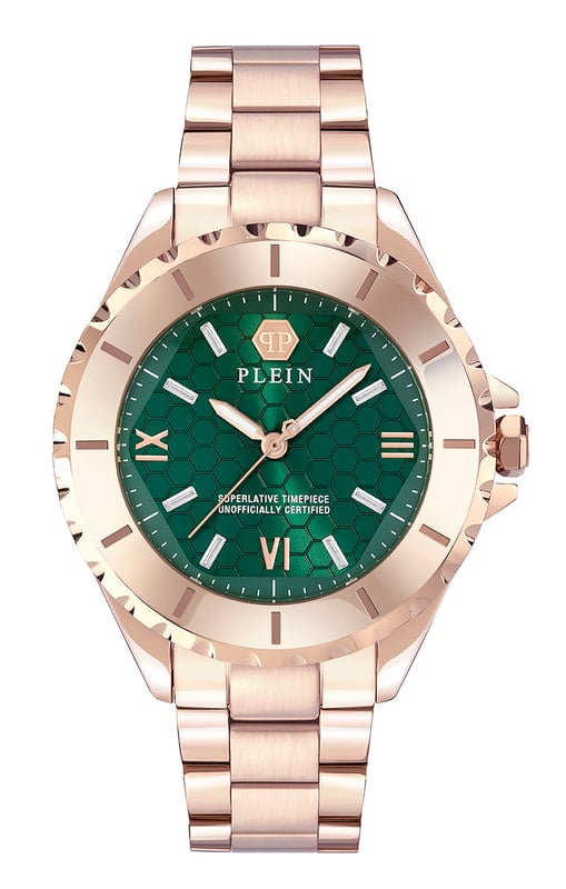 This Philipp Plein Plein Heaven Analogue Watch for Women is the perfect timepiece to wear or to gift. It's Rose Gold 38 mm Round case combined with the comfortable Rose Gold Stainless steel watch band will ensure you enjoy this stunning timepiece without any compromise. Operated by a high quality Quartz movement and water resistant to 5 bars, your watch will keep ticking. Plein Heaven returns for the FW24 collection in a unique capsule with the addition of a sophisticated green dial that symbolizes elegance and feminine determination while celebrating each passing moment. This Analogue watch has a  function: Luminous Hands High quality 19 cm length and 17 mm width Rose Gold Stainless steel strap with a Deployment clasp Case diameter: 38 mm,case thickness: 12 mm, case colour: Rose Gold and dial colour: Black