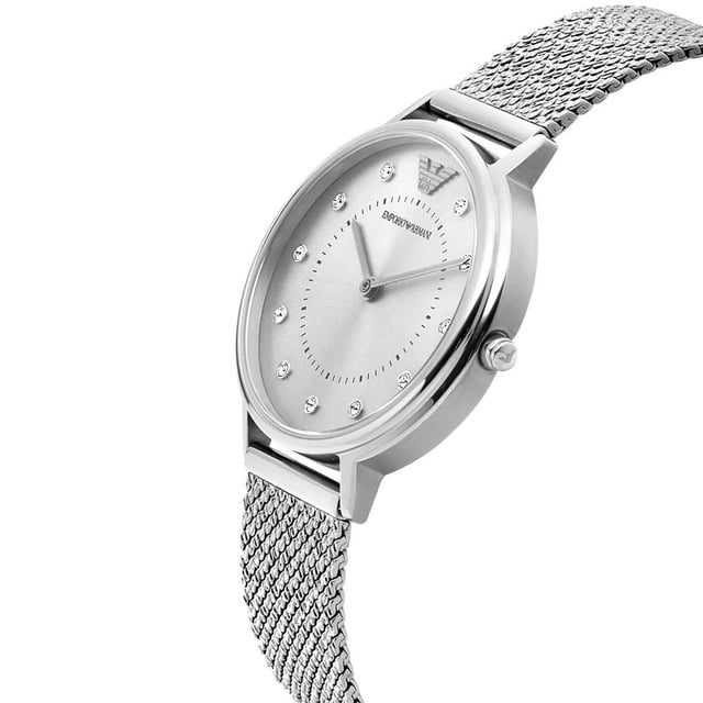 This Emporio Armani Kappa Analogue Watch for Women is the perfect timepiece to wear or to gift. It's Silver 30 mm Round case combined with the comfortable Silver Stainless steel watch band will ensure you enjoy this stunning timepiece without any compromise. Operated by a high quality Quartz movement and water resistant to 3 bars, your watch will keep ticking. This fashionable and classic watch matches any outfit at any occasion,it adds style to your life High quality 19 cm length and 14 mm width Silver Stainless steel strap with a Fold over clasp Case diameter: 30 mm,case thickness: 6 mm, case colour: Silver and dial colour: Silver