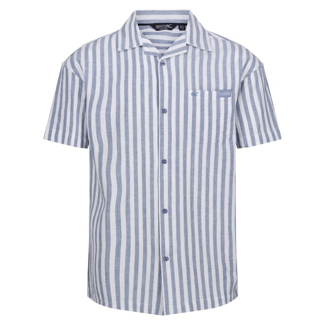 80% Cotton, 20% Linen. Fabric: Soft Touch, Yarn Dyed. Design: Embroidered Logo, Stripe. Pockets: 1 Chest Pocket. Fastening: Button-Down. Neckline: Revere Collar. Sleeve-Type: Short-Sleeved. Fit: Relaxed Fit. Sustainability: Sustainable Materials. S: 38 in. M: 40 in. L: 42 in. XL: 44 in. XXL: 48 in. 3XL: 51 in. 4XL: 54 in.