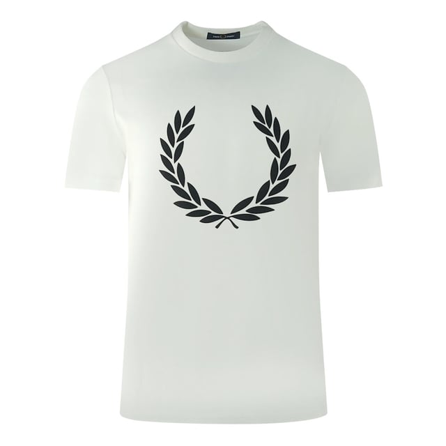 Fred Perry Large Flock Laurel Wreath Logo White T-Shirt. This Fred Perry Brand Logo White T-Shirt is crafted from 100% cotton, offering breathability and comfort for all-day wear. With its iconic logo, this t-shirt makes a stylish statement and is perfect for any casual occasion. Elevate your wardrobe with this high-quality, versatile piece.. 100% Cotton, Small Brand Logo On Chest. Slim Fit, Round Neck, Short Sleeve. Elasticated Collar. Style: M2669 100