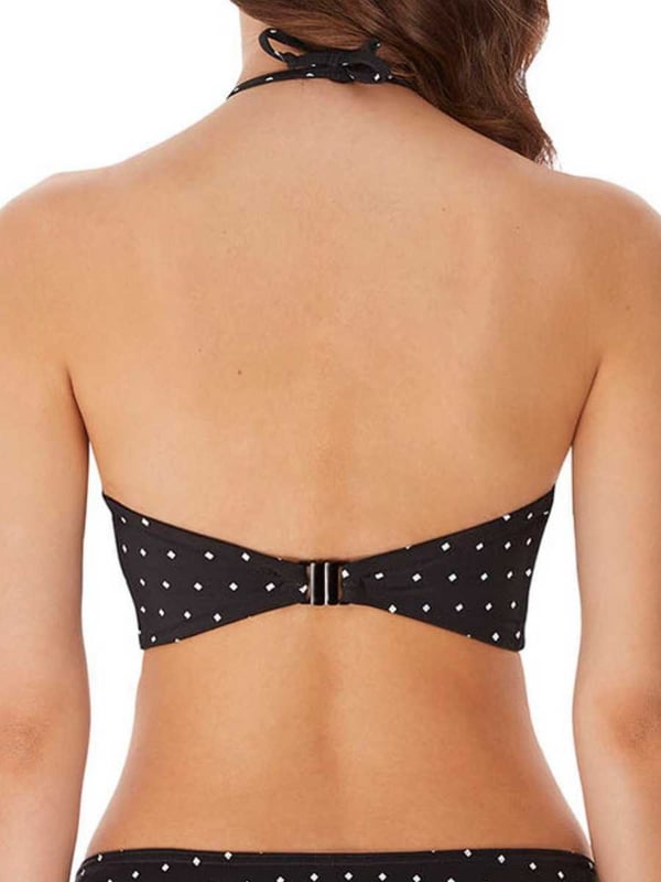 Freya Jewel Cove Underwired Bandeau Bikini Top. With lightly padded foam cups, halter neck ties and low gathered centre front. Product is made of 84% Nylon/Polyamide, 16% Elastane and is recommended hand-wash only.