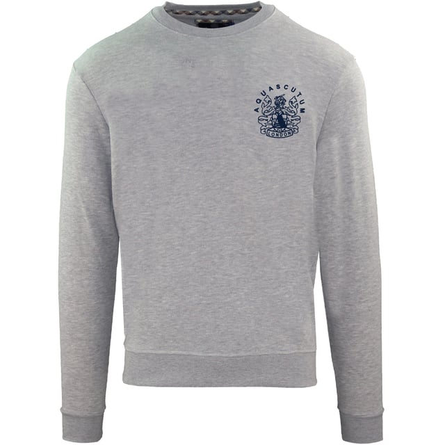 Aquascutum Aldis Chest Logo Grey Sweatshirt. This Grey Aquascutum Logo Sweatshirt is perfect for casual or outdoor wear. Its comfortable design features a subtly embossed logo for a polished look. Step out in style and enjoy the soft, warm fabric.. Elasticated Collar, Sleeve Ends and Waist. 100% Cotton Sweater. Slim Fit. FG0523 94