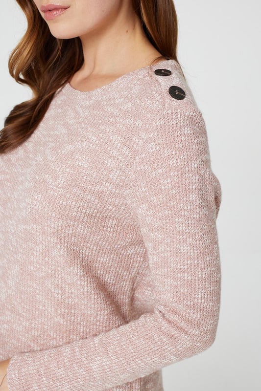 Elevate your casual wardrobe with this marled longline pullover. It has a round neck, long sleeves, a button embellishment at the shoulders, relaxed fit and a thigh length hem. Pair with jeans and trainers for an on-trend weekend look.