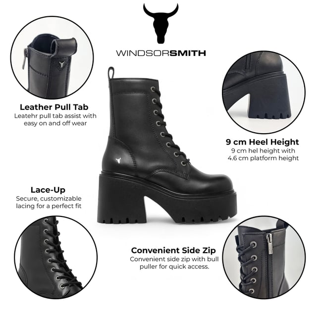 Step into bold fashion with the Totally Black Platform Boots, designed to make a statement with every stride. These chunky lace-up boots feature a robust black leather upper that exudes confidence and style. The round toe design and eye-catching bull symbol on the upper add a unique flair, while the inside zipper ensures easy wear.

Key Features:

Chunky Heel and Platform: A striking heel height of 9 cm combined with a 4.6 cm platform gives you an elevated look without sacrificing comfort.
Durable Black Leather Upper: Crafted from high-quality black leather, these boots provide both style and durability for everyday wear.
Lace-Up Design: The adjustable lace-up feature allows for a customizable fit, ensuring both comfort and security.
Cleated Sole: The cleated sole provides excellent grip and traction, making these combat boots perfect for any terrain.
Non-Leather Lining: Designed with a non-leather lining for enhanced breathability and comfort during all-day wear.
Whether you're dressing up for a night out or adding edge to your casual look, the Totally Black Platform Boots are the perfect blend of style and practicality. Embrace your inner warrior and make every outfit a bold fashion statement!