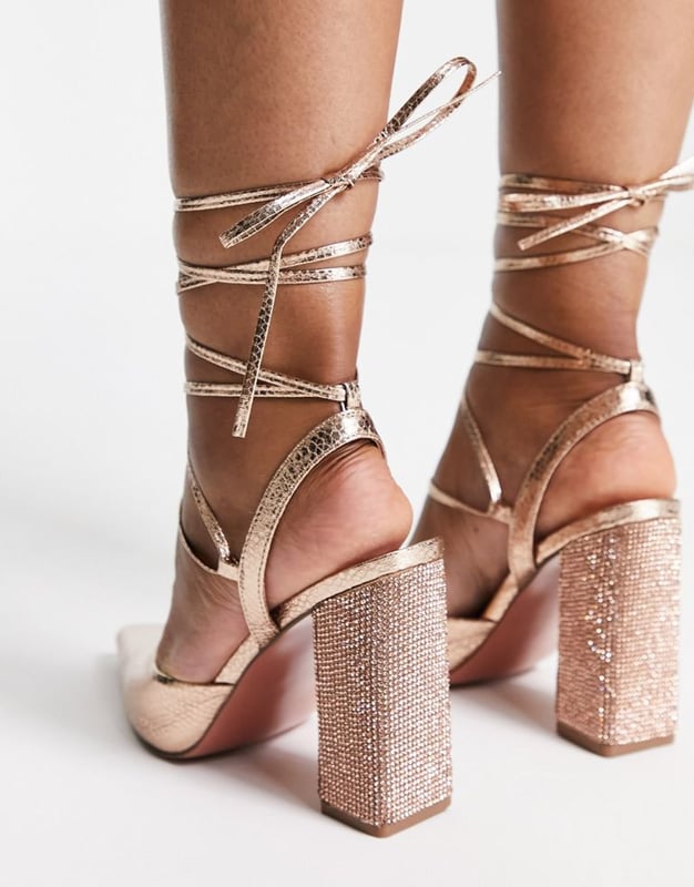 Gold tie shop up leg heels