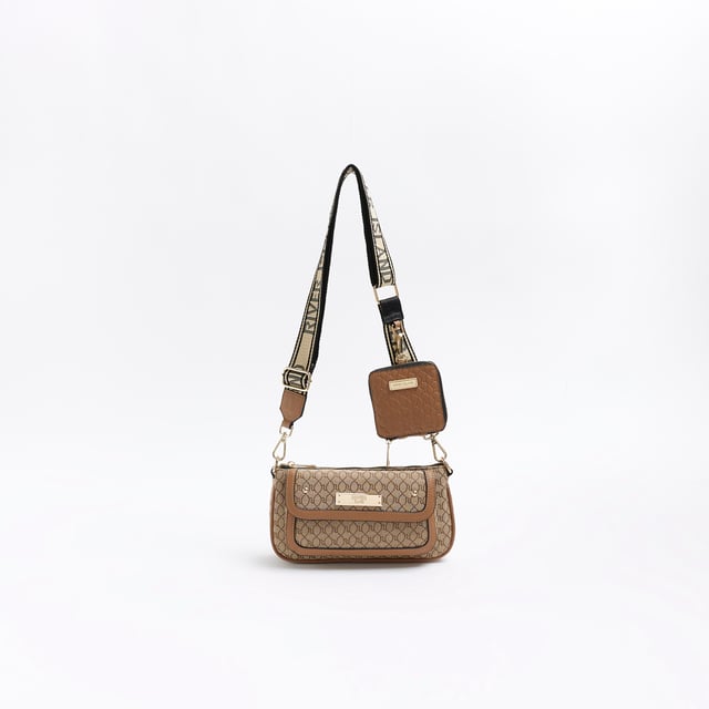 Sac Bandoulière River Island Monogramme Ri - Beige Simili Cuir - Occasion TB État