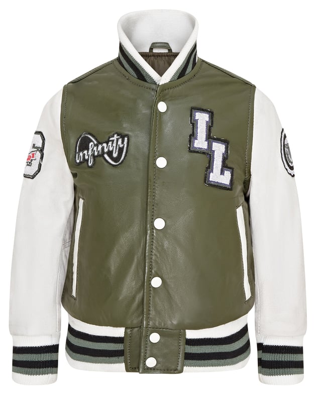 Introducing the Unisex Kids Baseball Leather Jacket, a perfect blend of classic varsity style and modern craftsmanship. This letterman bomber jacket features contrasting sleeves and a striped knit ribbed collar, waistband, and cuffs for a timeless athletic look. The press studs front closure and embroidered brand logo patches on the chest and sleeves add a touch of authenticity and flair. Designed with practicality in mind, it includes two jet pockets at the waist and two inside welt pockets for your essentials. The panelling to the back of the jacket ensures a tailored fit and superior comfort. Contrasting sleeves for a stylish look, Striped knit ribbed collar, waistband, and cuffs for a classic finish, Press studs front closure for easy wear, Embroidered brand logo patches on the chest and sleeves for added detail, Two jet pockets at the waist.