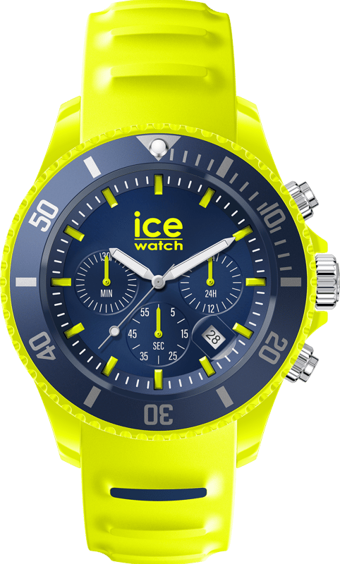 This Ice Watch Ice Chrono - Yellow Blue Chronograph Watch for Unisex is the perfect timepiece to wear or to gift. It's Yellow 40 mm Round case combined with the comfortable Yellow Silicone watch band will ensure you enjoy this stunning timepiece without any compromise. Operated by a high quality Quartz movement and water resistant to 10 bars, your watch will keep ticking. Opt for the sporty and masculine look of the ICE chrono watch - Yellow blue! Imposing and robust, this yellow and blue watch gives a very special style to your everyday outfits. This Chronograph watch has a calendar function: Date , Stop Watch , 24-hour Display and Luminous Hands High quality 20 cm length and 19 mm width Yellow Silicone strap with a Buckle Case diameter: 40 mm,case thickness: 13 mm, case colour: Yellow and dial colour: Blue