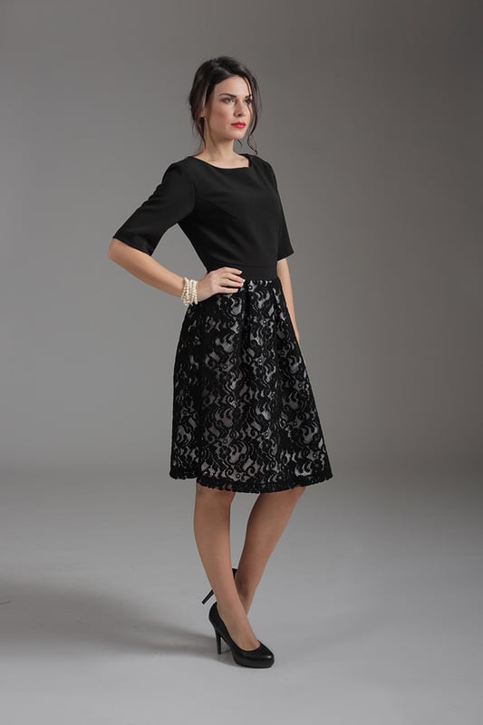Elbow Sleeve Dress with Lace Skirt