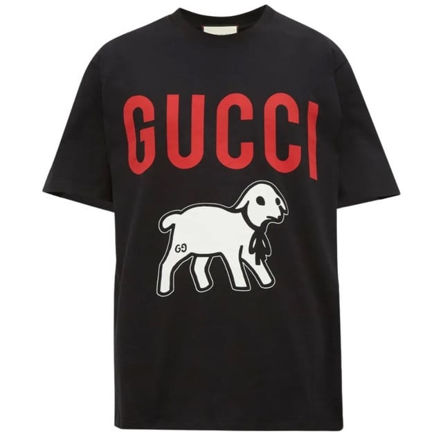 Gucci Black Tee, 100% Cotton, Made In Italy, Lamb Design On Front, This tee is Oversized in length, your regular fit should be perfect for this tee but be aware the length is longer than a typical tee. 