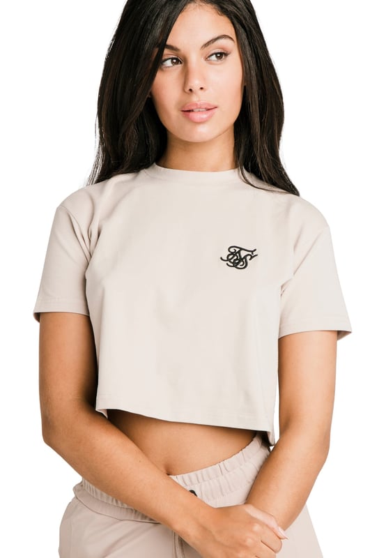 inchBeige Essential Retro Box Fit Crop TShirtSoft touch fabricCrew neckCropped teeEmbroidered SikSilk logoMachine wash95% Cotton  5% Elastane inch