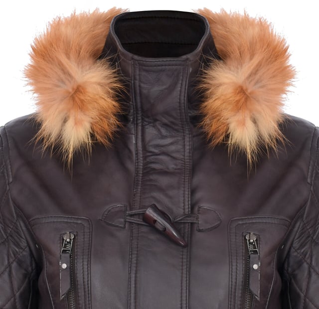Elevate your winter wardrobe with our luxurious Women's Leather Diamond Quilted Parka Jacket, designed to add exuberance to your cold-weather outfits. Crafted from 100% premium ultra-soft nappa leather, this jacket offers a comfortable and luxurious feel. Here's what sets it apart:  
Diamond Quilting: The jacket features luxurious diamond quilting that adds a stylish texture to the ultra-soft leather, creating a unique and visually appealing design. 
Detachable Fur-Lined Hood: For extra warmth and a touch of class, the jacket comes with a detachable fur-lined hood, providing both comfort and style. 
High Funnel Collar: Below the hood, a high funnel collar shields against the wind and can be fastened with a traditional toggle closing, offering added protection and elegance. 
Multiple Pockets: This jacket offers practicality with two flap pockets at the waist and additional vertically running zipped pockets across the breast, ensuring you have ample storage space for your essentials. 
Quilted Detailing: Quilted detailing on the shoulders, back, and hood enhances the overall design, adding sophistication and warmth to the jacket.  This Women's Leather Diamond Quilted Parka Jacket is the perfect choice for those seeking both style and functionality in their winter attire