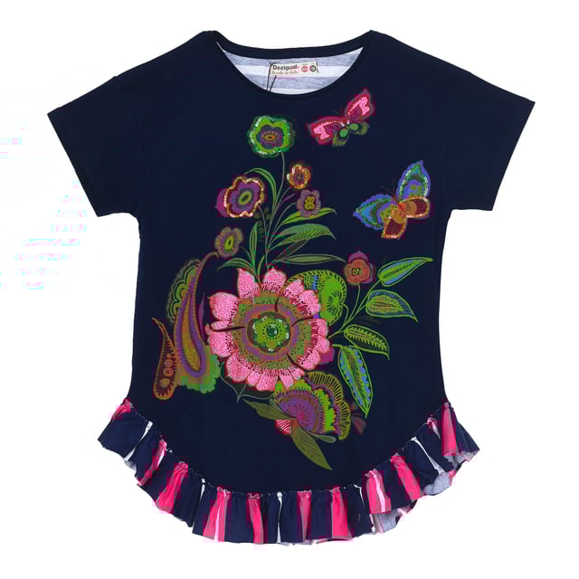 Desigual short sleeve t-shirt.
 Color Navy-multicolor
 Round neck with ribbed finish.
 Brand detail on the front.
 Stretch fabric.
 Seams seen in tone.

 Composition: 100% Cotton

 Wash at max.30º temperature.
 -Iron at 100º max.
 - Does not allow the use of a dryer.
 - Do not use bleach.
 - Does not support dry cleaning
 Composition: 100% cotton
 Care:
Wash at a maximum temperature of 30º.
 -Iron at 100º max.
 - It is not allowed to use a dryer.
 - Do not use bleach.
 - Does not support dry cleaning