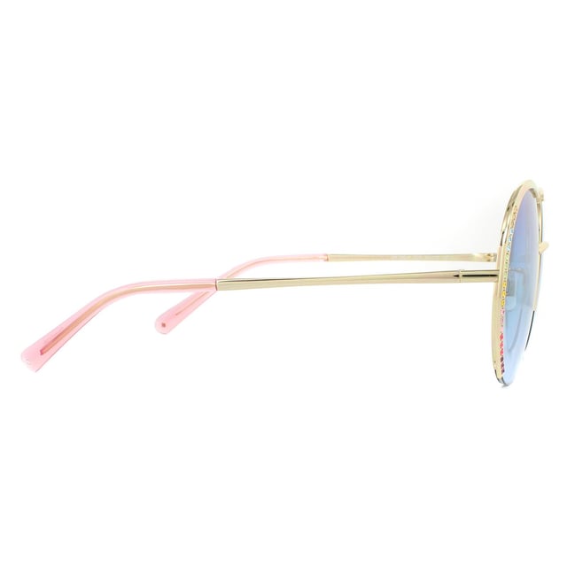 Die Swarovski Sonnenbrille SK0280-H 32W Gold Blue Gradient ist ein glamouröses, rundes Design, das aus schlankem Metall gefertigt und mit Swarovski-Kristallen am äußeren Rand des Rahmens verziert ist.