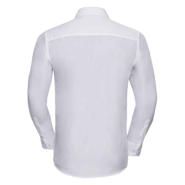 65% Polyester, 35% Cotton. Fabric: Poplin. Design: Plain. Cuff: Adjustable, Double Button. Hem: Curved. Sleeve-Type: Long-Sleeved. Neckline: Semi-Cutaway Boned Collar, Turn Down Collar. Back Yoke, Double Folded Seams, Easy-Care. Fit: Tailored. 110gsm. Sustainability: Amfori, Better Cotton Initiative, BSCI, Fair Labor Association, Oeko-Tex Standard 100 Certified, WRAP Certified.