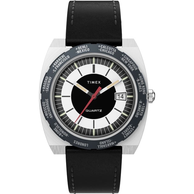 This Timex World Time Reissue Analogue Watch for Men is the perfect timepiece to wear or to gift. It's Silver 39 mm Round case combined with the comfortable Black Leather watch band will ensure you enjoy this stunning timepiece without any compromise. Operated by a high quality Quartz movement and water resistant to 5 bars, your watch will keep ticking. The Timex World Time 1972 Reissue brings a unique 1970s design from the Timex archive back to life for 2023.  This Analogue watch has a calendar function: Date and Worldtime High quality 21 cm length and 20 mm width Black Leather strap with a Buckle Case diameter: 39 mm,case thickness: 13 mm, case colour: Silver and dial colour: Black