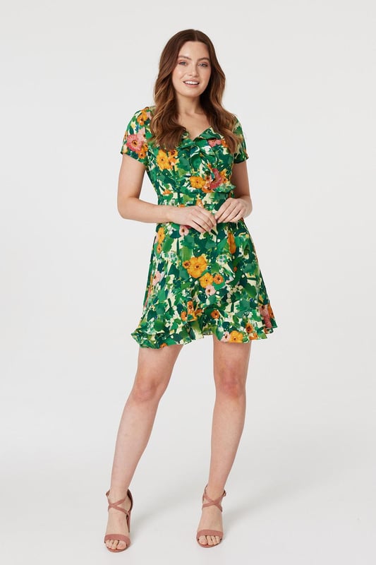 Green Floral V-Neck Short Skater Dress