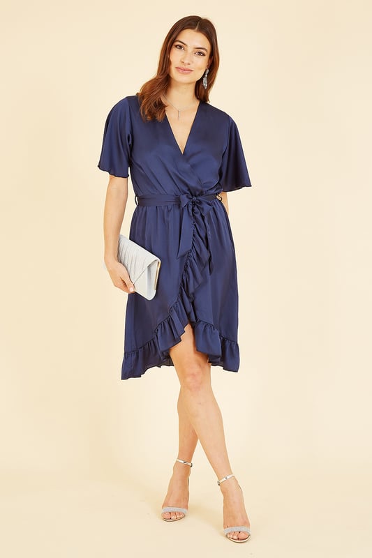 Mela Navy Satin Wrap Dress
