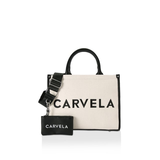The Carvela Sorrento Tote bag features a beige fabric exterior with structure. There are black trims and branding on the front. 23cm (H), 30cm (L), 10cm (D). Strap length: 122cm.